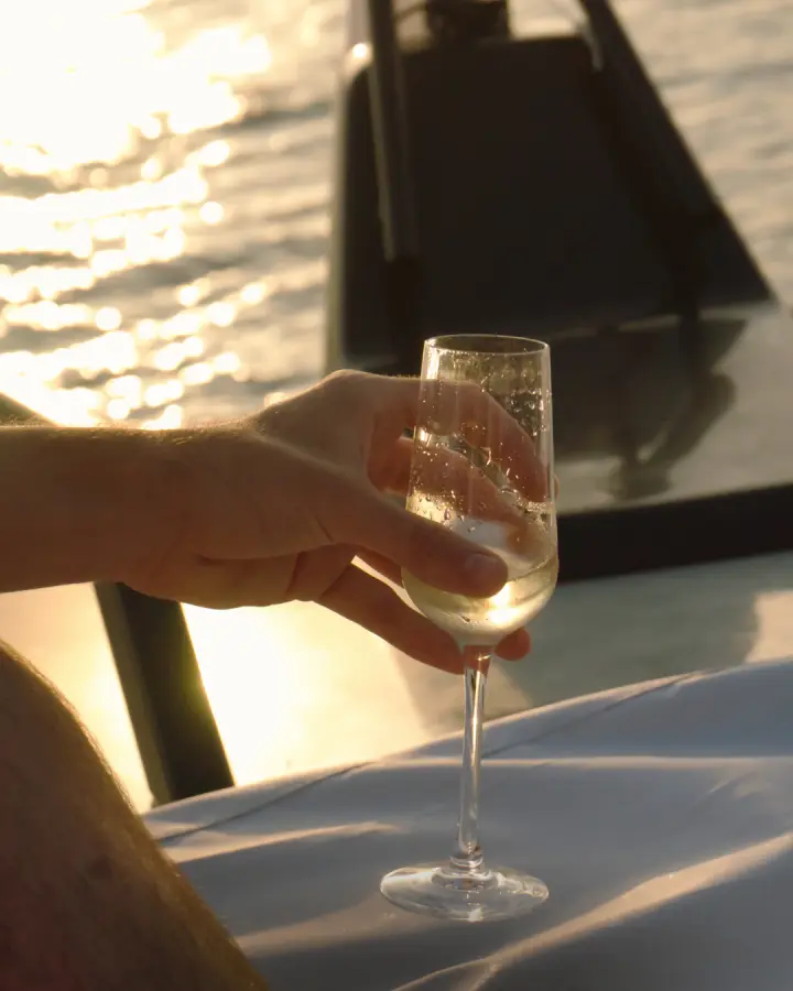 A glass raised on a boat at sunset