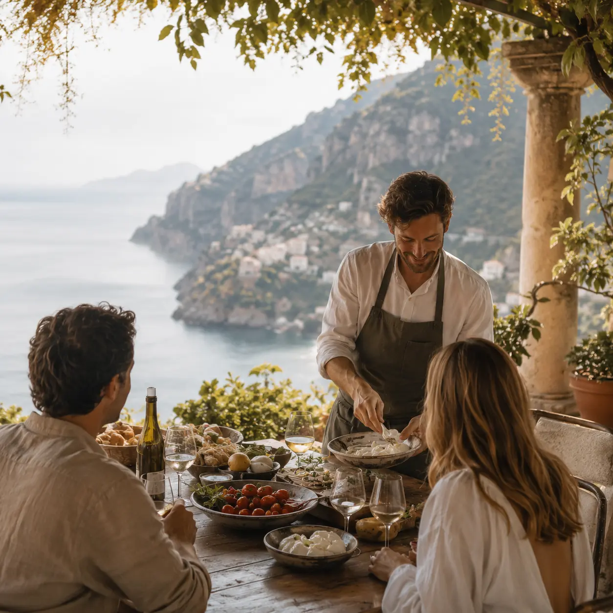 A local host preparing food with guests overlooking the Amalfi Coast