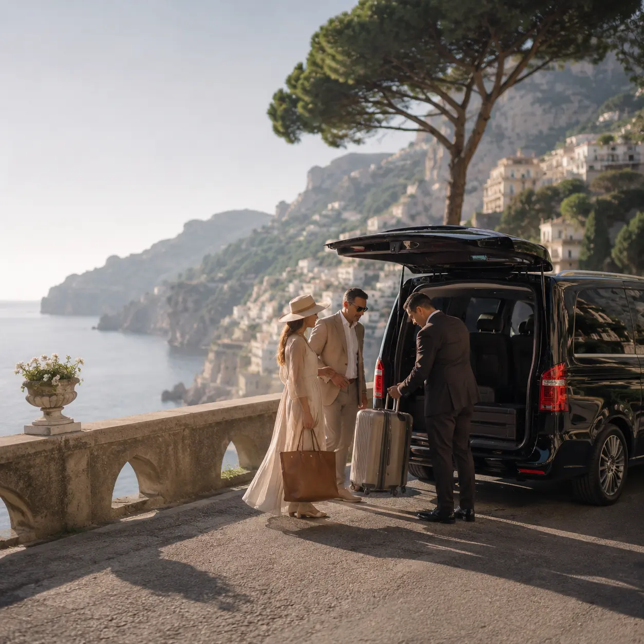 A local driver assisting guests with luggage beside a private vehicle on the Amalfi Coast